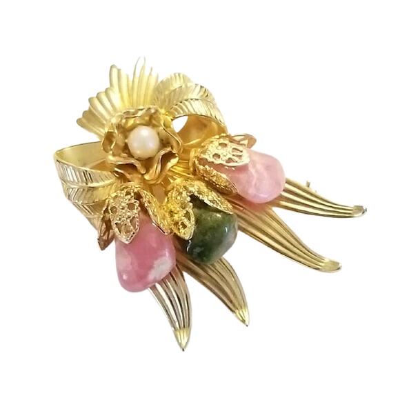 Vintage Gold Tone Brooch with Pink & Green and Faux Pearl Cabochon - Picture 1 of 7